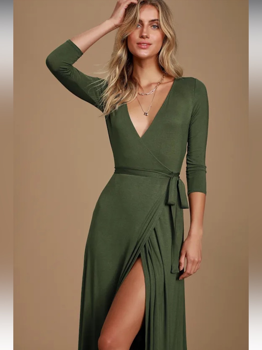 Lulu’s Garden District Olive Green Wrap Maxi Dress, Medium